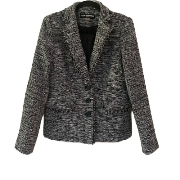 Karl Lagerfeld Paris Tweed Blazer Jacket Coat Tweed Fringe 3Button Size 8 Boucle